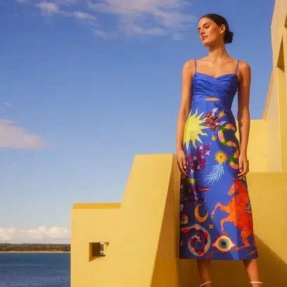 Authentic ALEMAIS Guardian Printed Satin Keyhole Midi Dress Sz US 2 - Picture 2 of 14